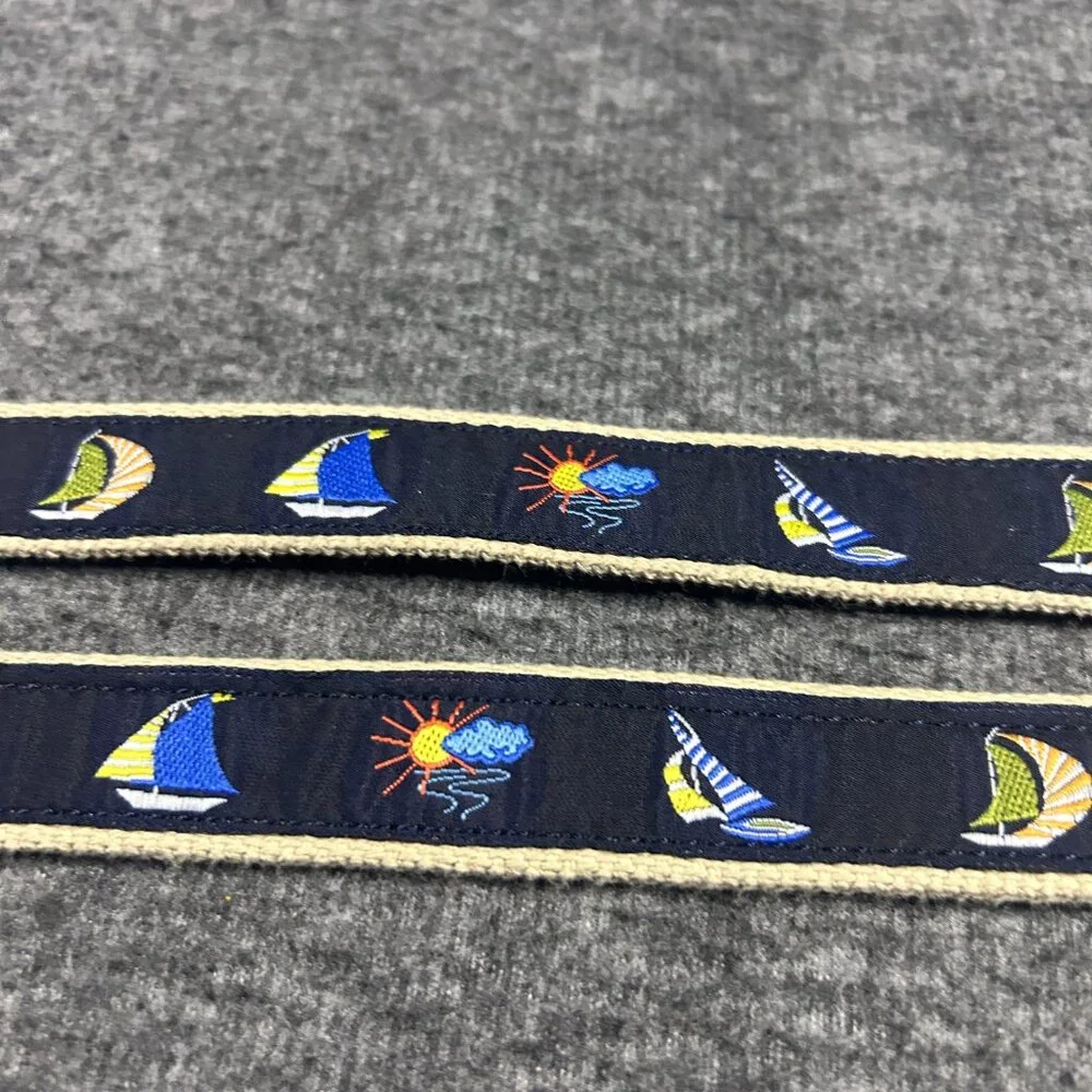 Vintage Kids Sailboat Belt Canvas Embroidered Navy Blue Brass Buckle XS Lot of 2